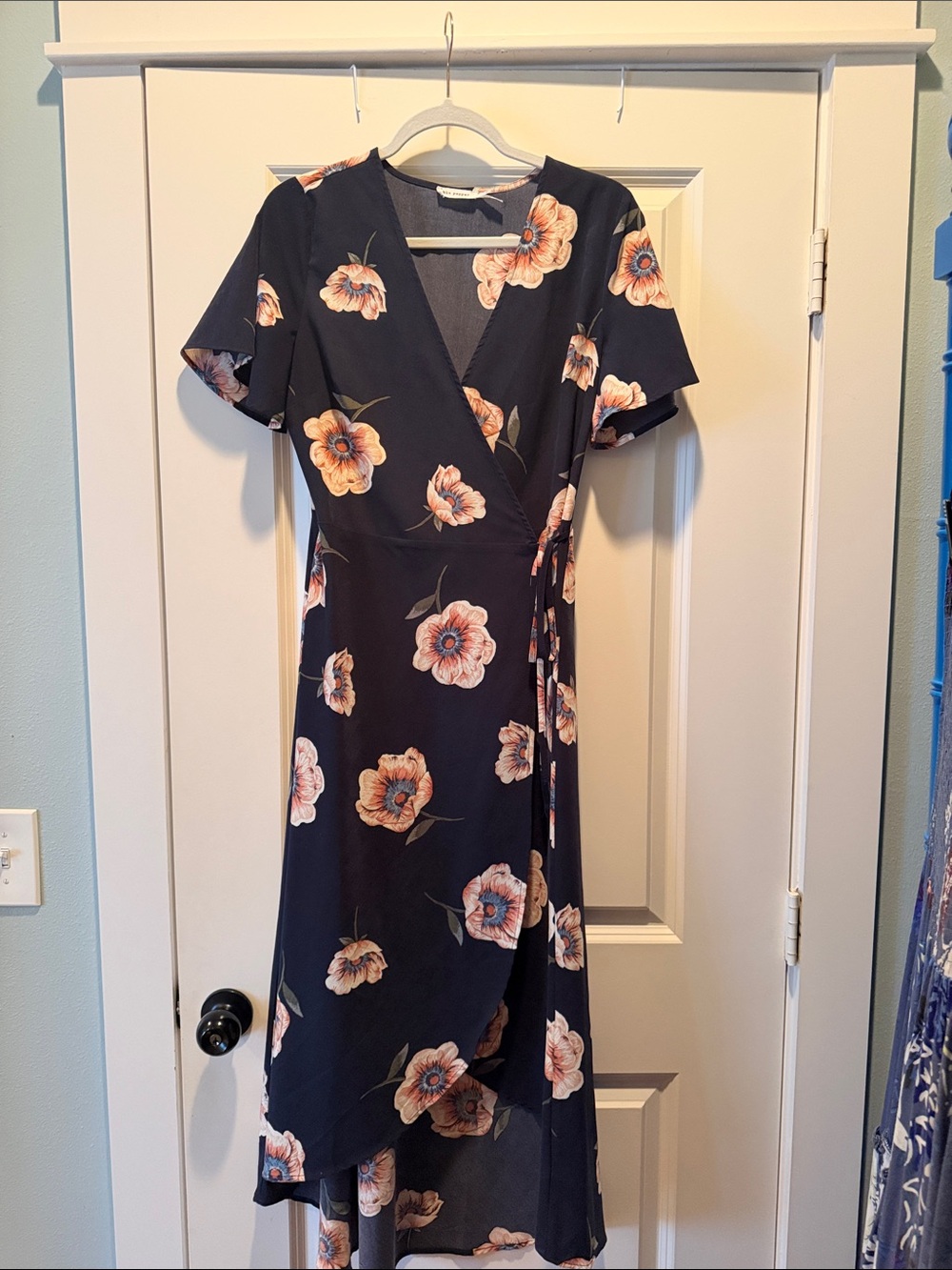Blu Pepper Navy Wrap Midi Dress with Peach Floral Print